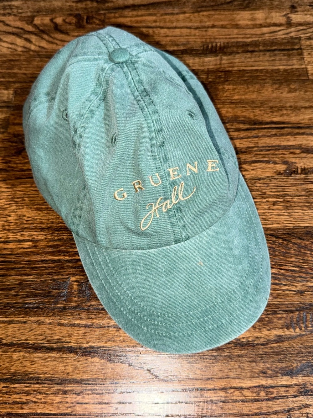 Vintage Gruene Texas Oldest Dancing Hall Hat Green Denim Leather Strap-Back Cap